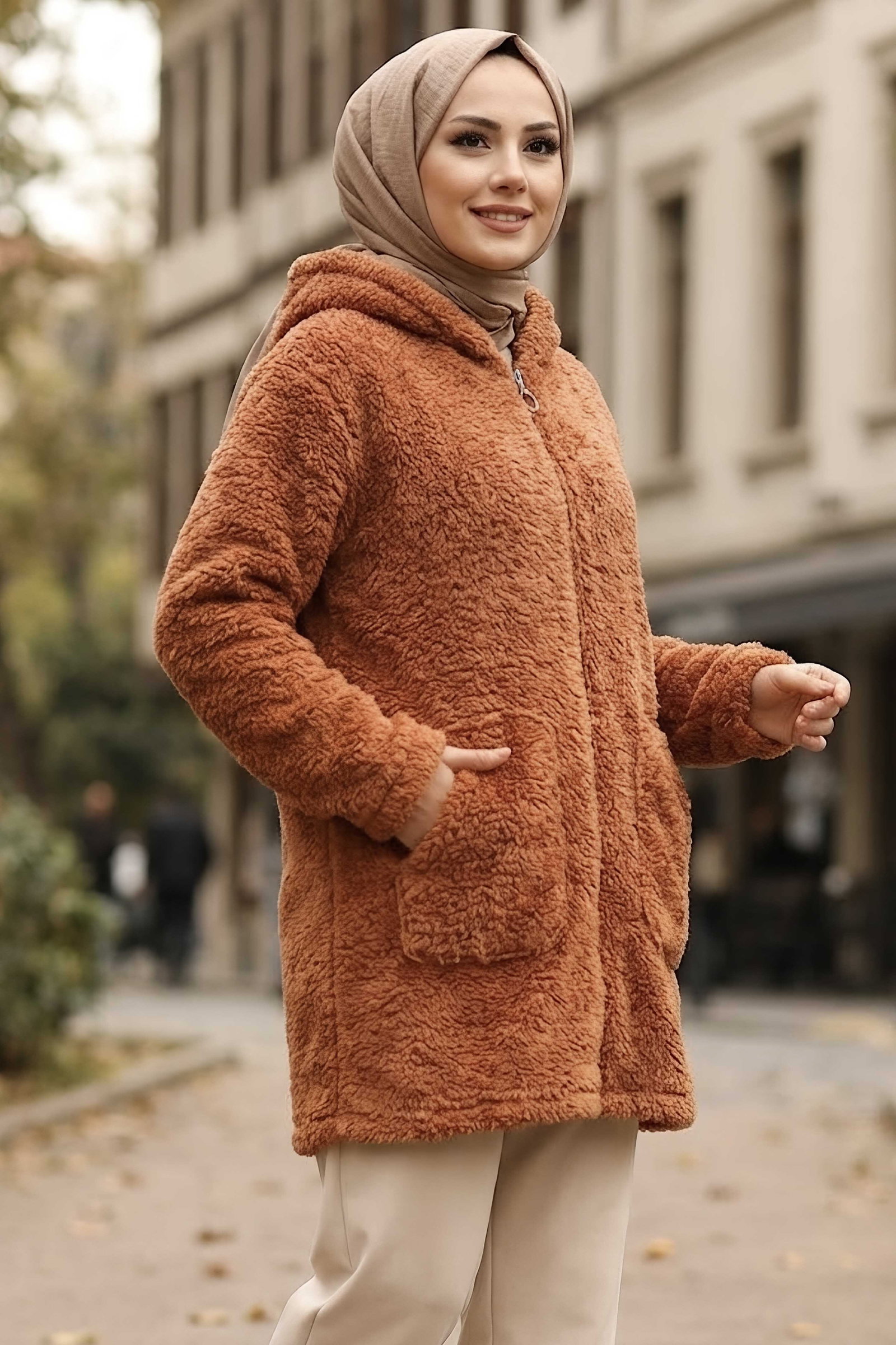 Cepli Kapşonlu Peluş Mont Taba - 29113-TABA - 2