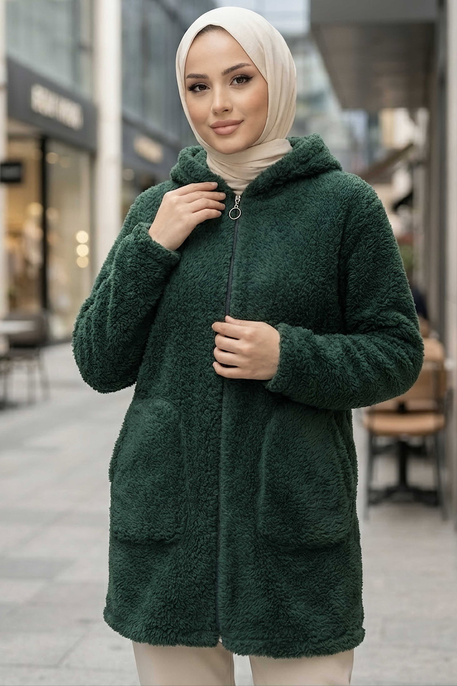 Cepli Kapşonlu Peluş Mont Zümrüt - 29113-ZUMRUT - 2