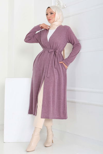 Cepli Kemerli Uzun Hırka - 27950-GUL-KURUSU 