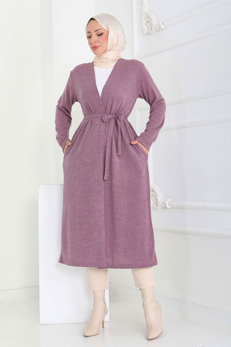 Cepli Kemerli Uzun Hırka - 27950-GUL-KURUSU - TOFİSA