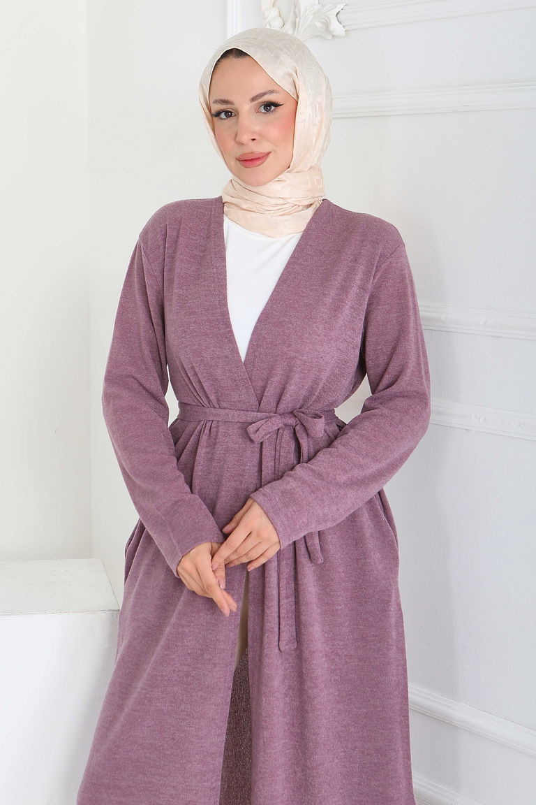 Cepli Kemerli Uzun Hırka - 27950-GUL-KURUSU - TOFİSA