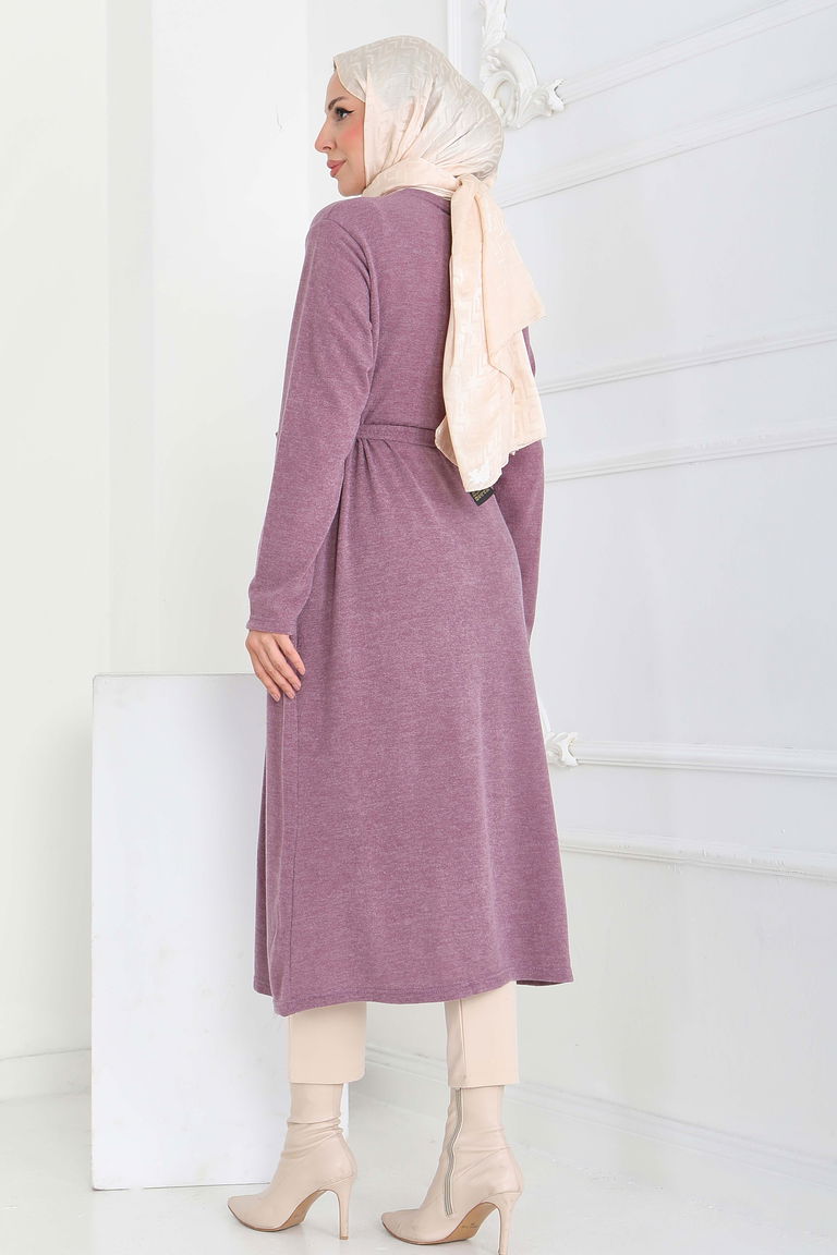 Cepli Kemerli Uzun Hırka - 27950-GUL-KURUSU - TOFİSA