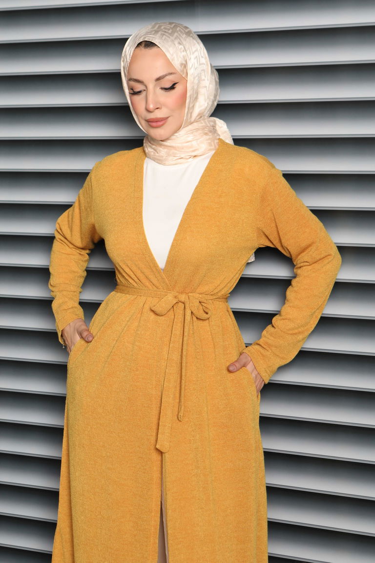 Cepli Kemerli Uzun Hırka - 27950-HARDAL - TOFİSA