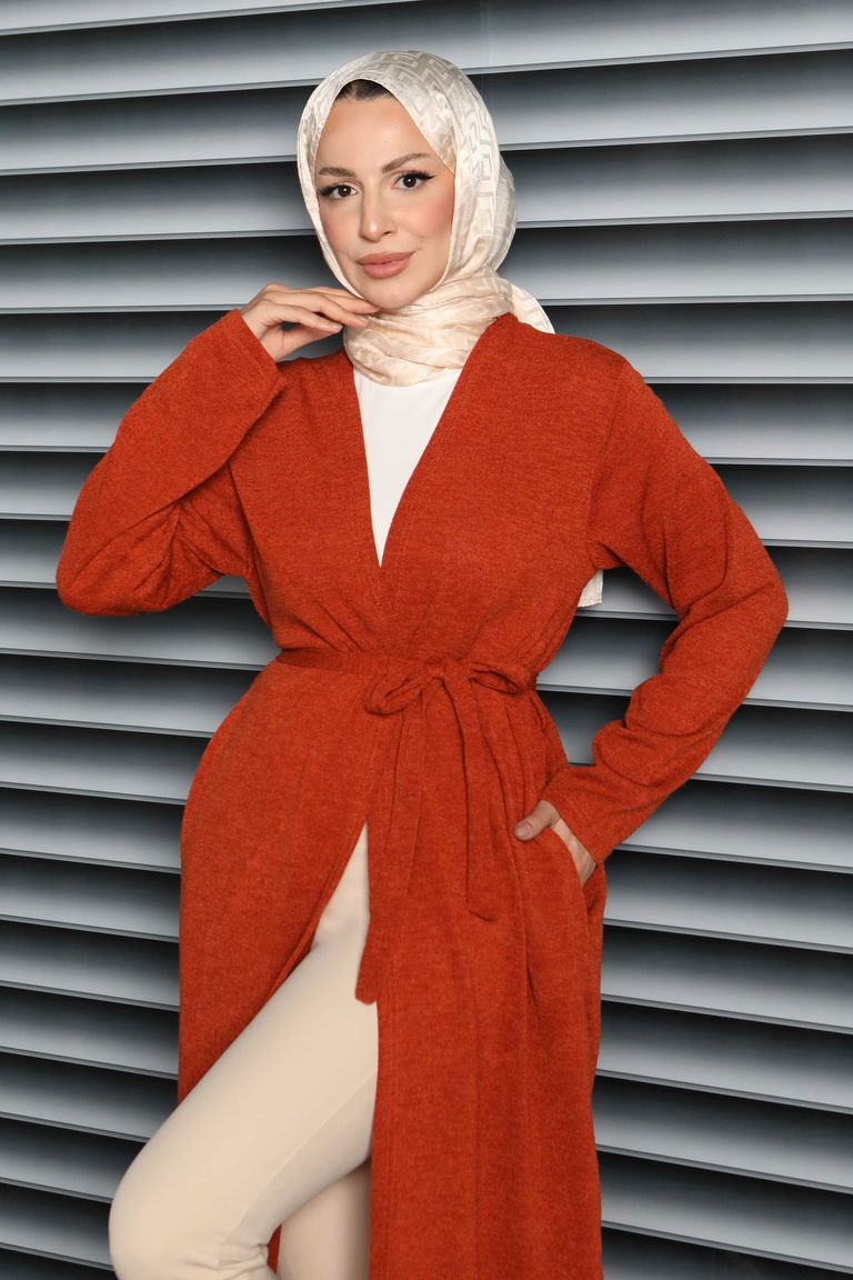 Cepli Kemerli Uzun Hırka - 27950-KIREMIT - TOFİSA