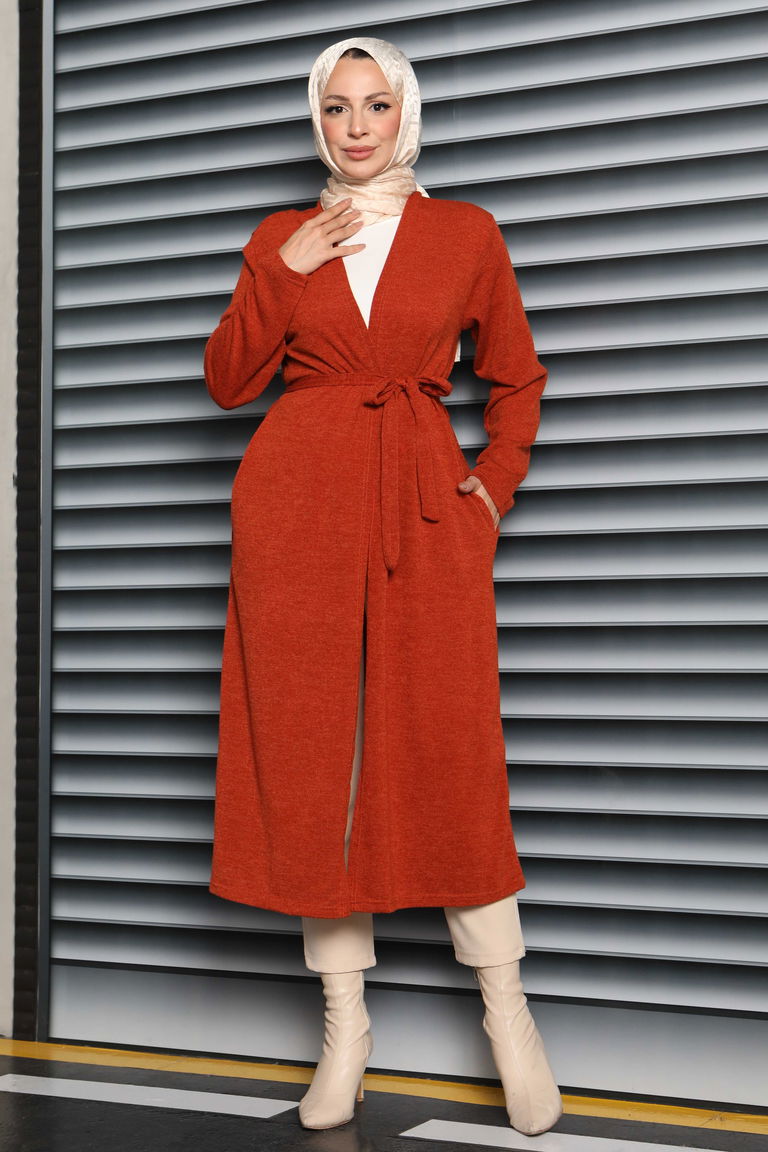 Cepli Kemerli Uzun Hırka - 27950-KIREMIT - TOFİSA