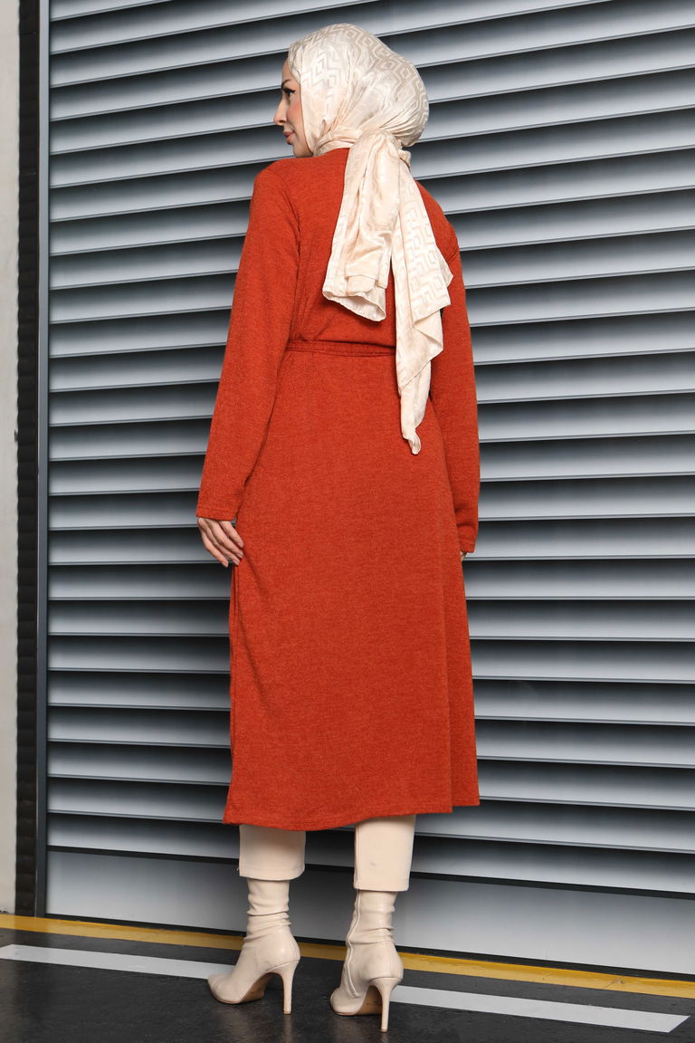 Cepli Kemerli Uzun Hırka - 27950-KIREMIT - TOFİSA