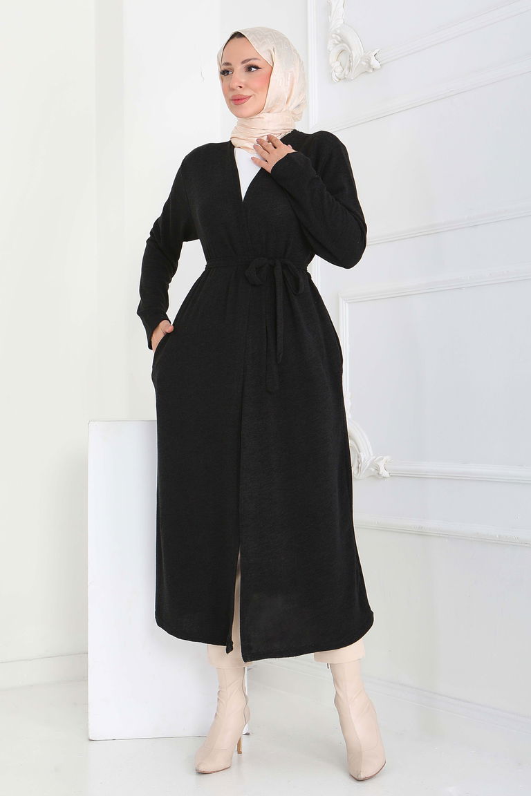 Cepli Kemerli Uzun Hırka - 27950-SIYAH - TOFİSA