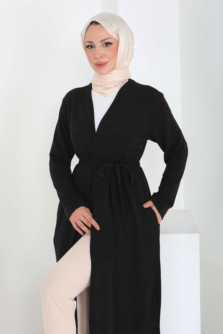 Cepli Kemerli Uzun Hırka - 27950-SIYAH - TOFİSA