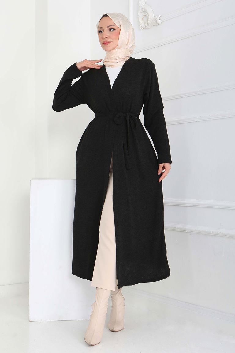 Cepli Kemerli Uzun Hırka - 27950-SIYAH - TOFİSA