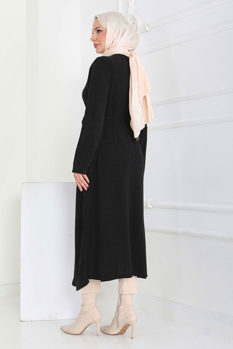 Cepli Kemerli Uzun Hırka - 27950-SIYAH - TOFİSA