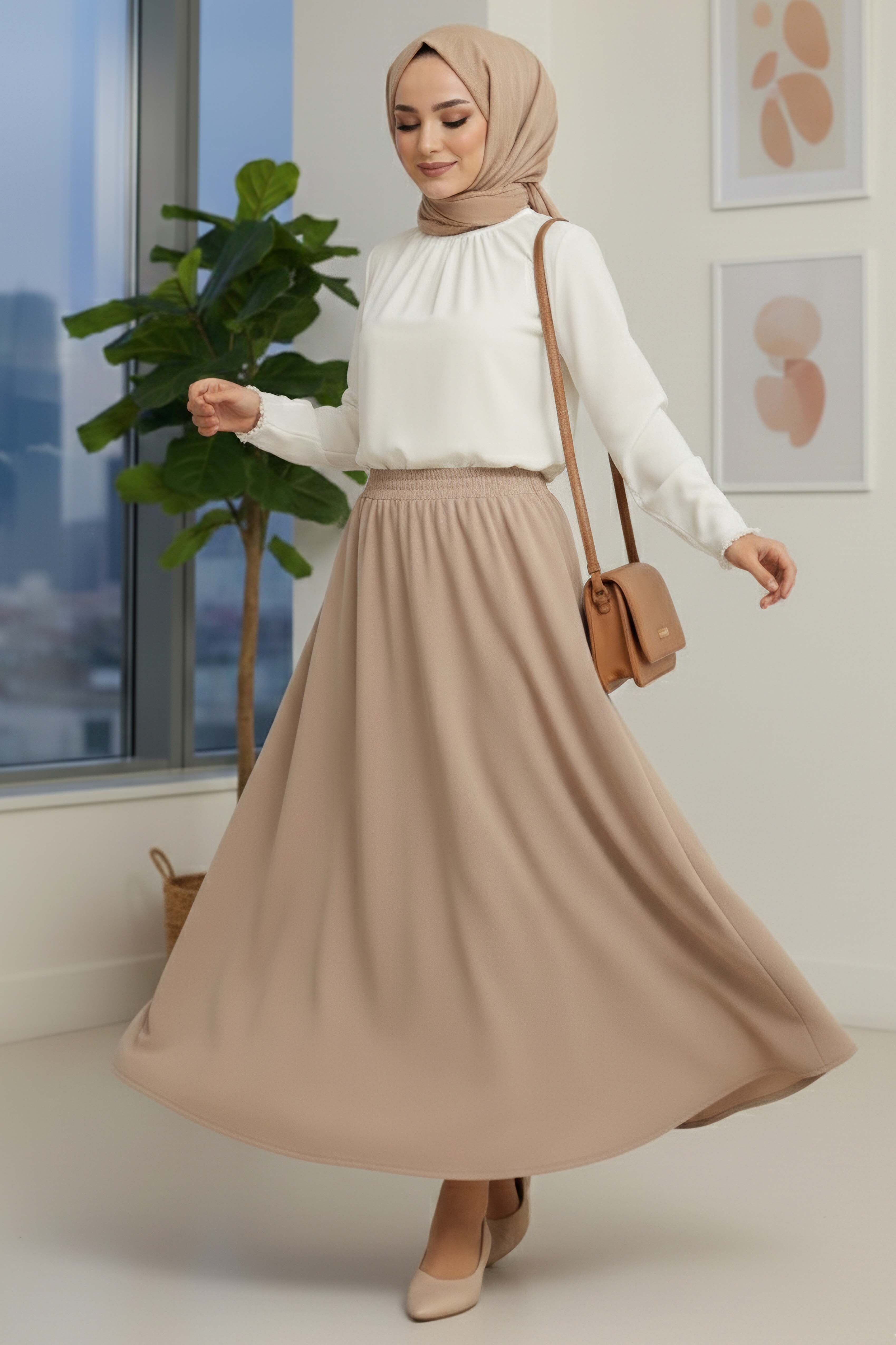 Cepli Kiloş Krep Etek - 28240-KREM - 1