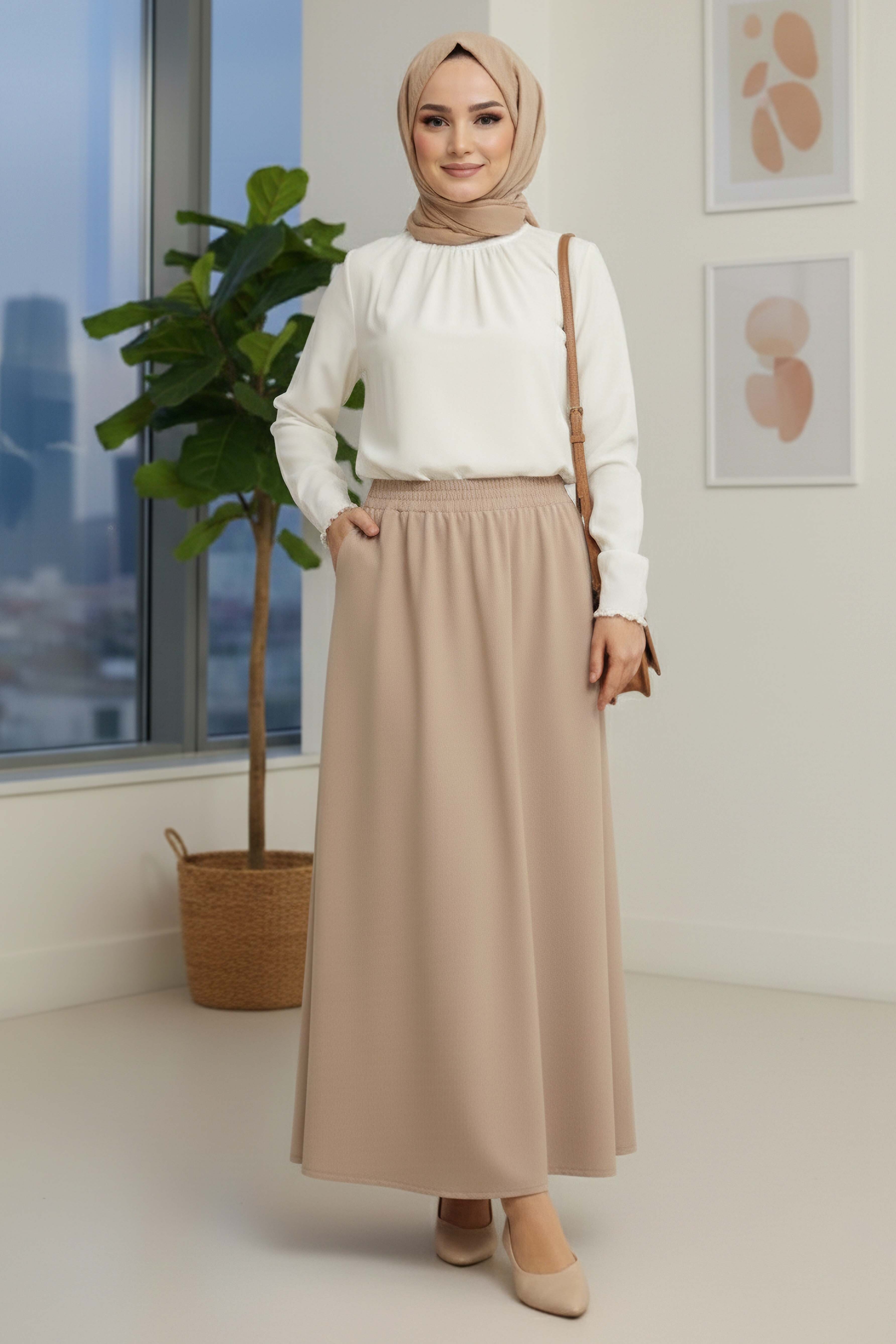 Cepli Kiloş Krep Etek - 28240-KREM - 2