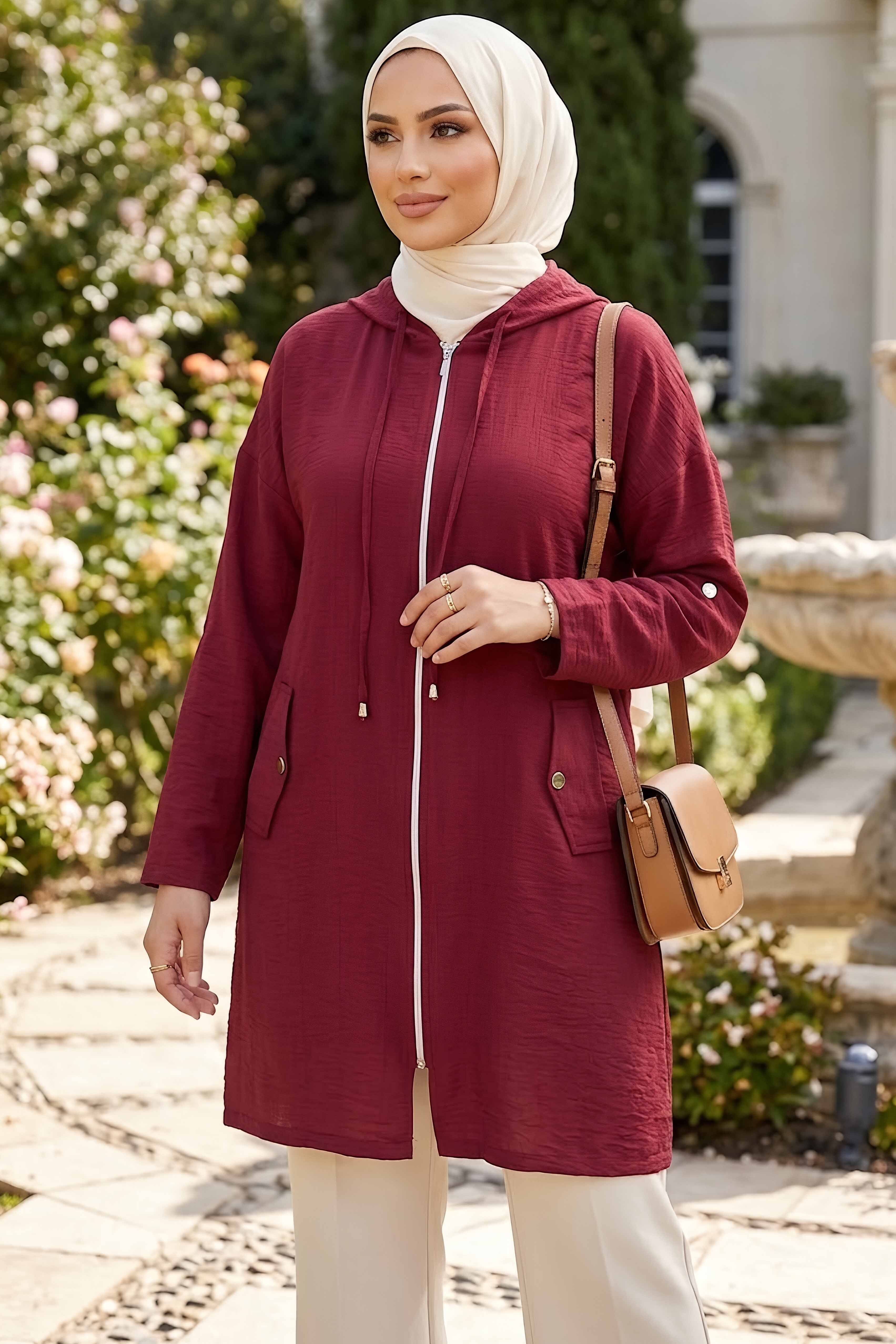 Cepli Kol Düğmeli Ferace Bordo - 28781-BORDO - 1
