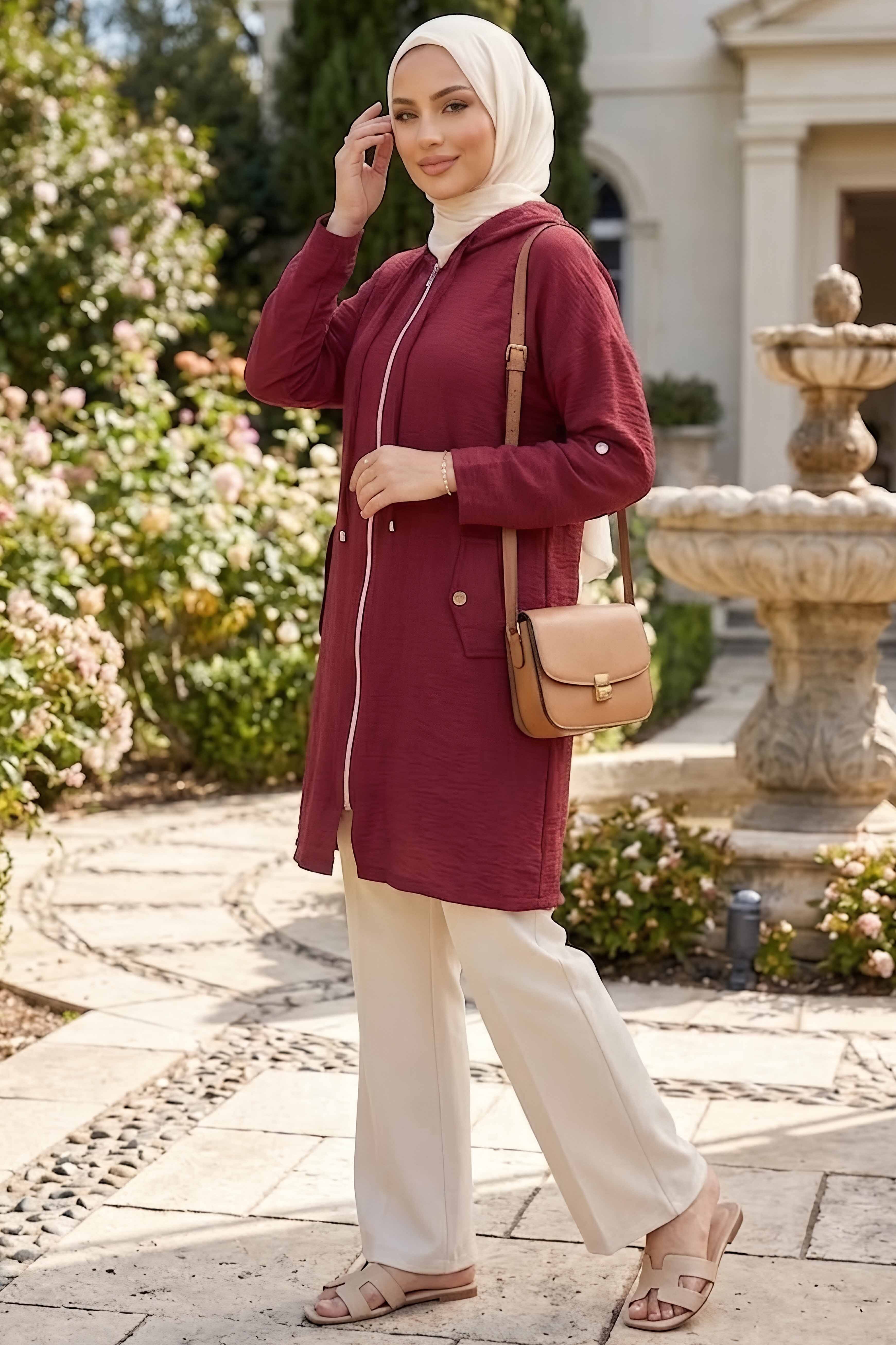 Cepli Kol Düğmeli Ferace Bordo - 28781-BORDO - 2