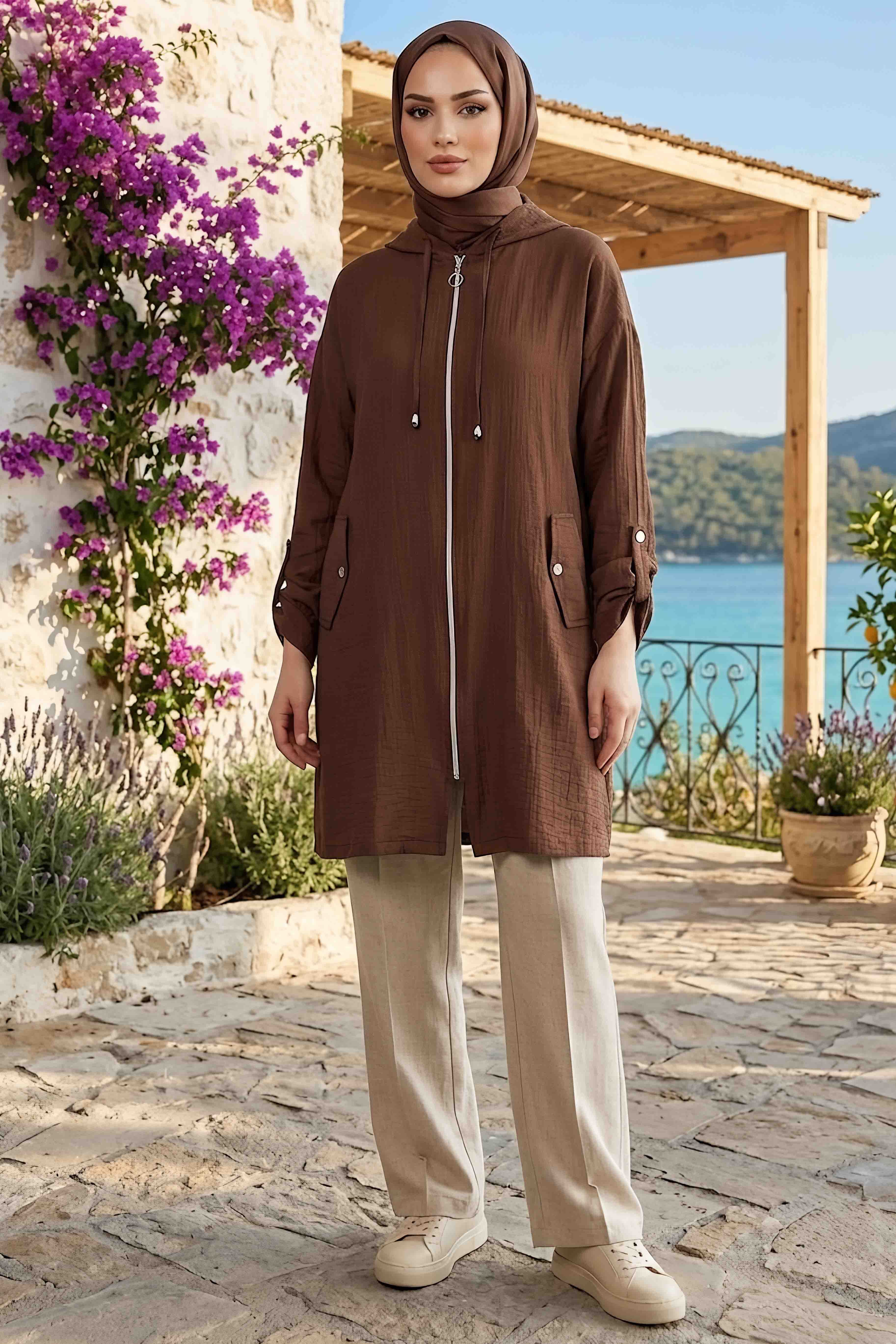 Cepli Kol Düğmeli Ferace Kahve - 28781-KAHVE - 1
