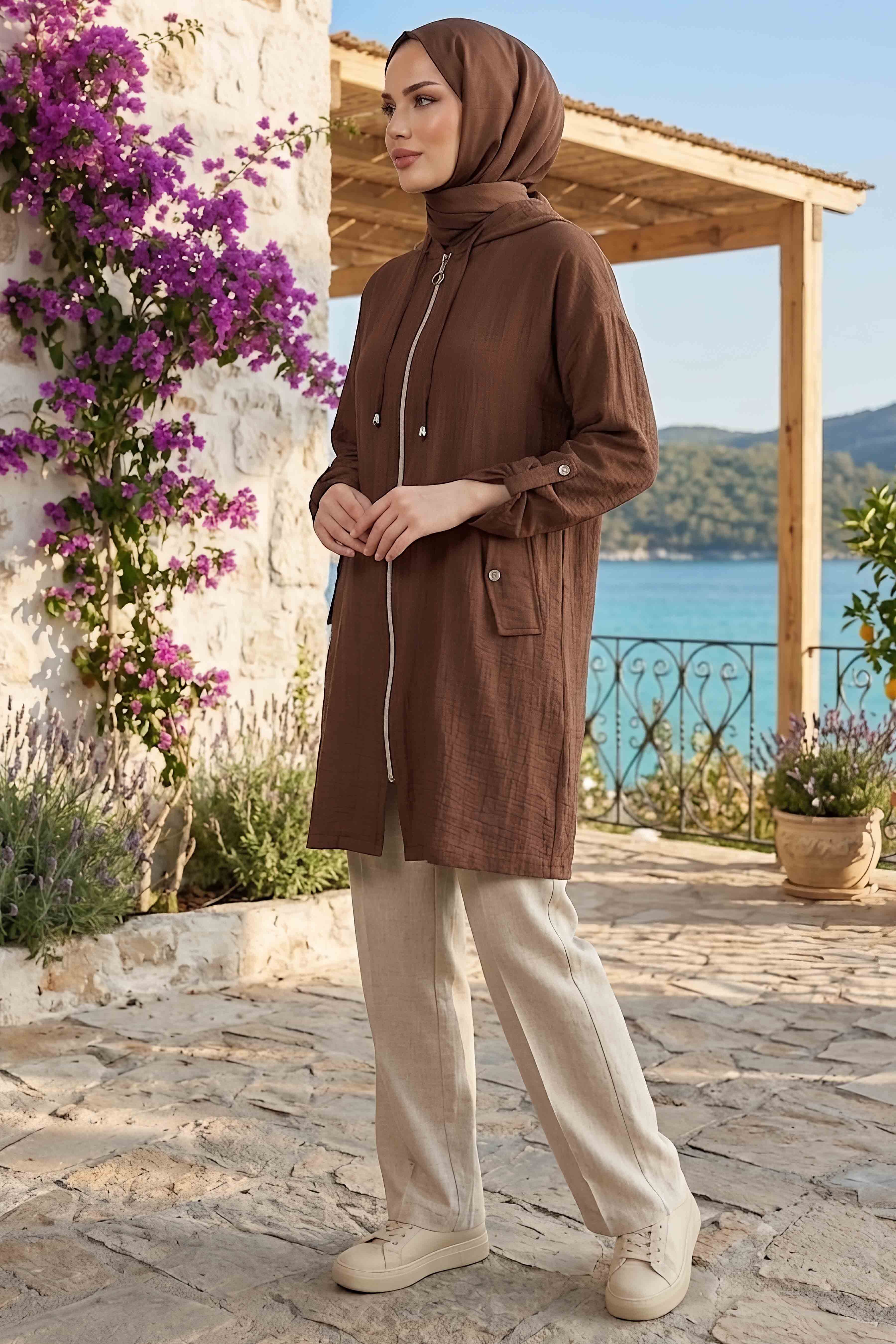 Cepli Kol Düğmeli Ferace Kahve - 28781-KAHVE - 2