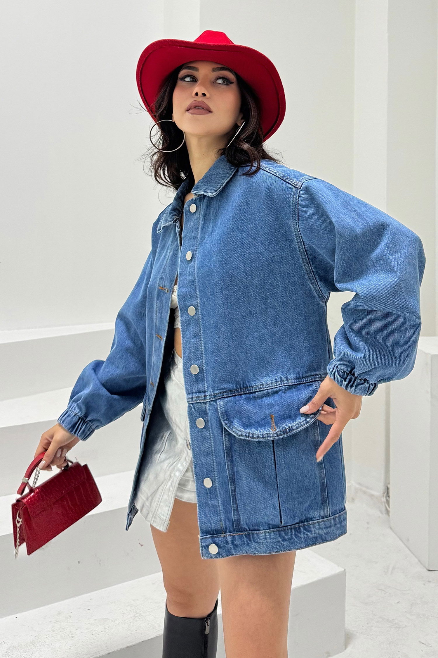 Kadın Oversize Körüklü Cep Kot Ceket Mavi - 26578 - 2