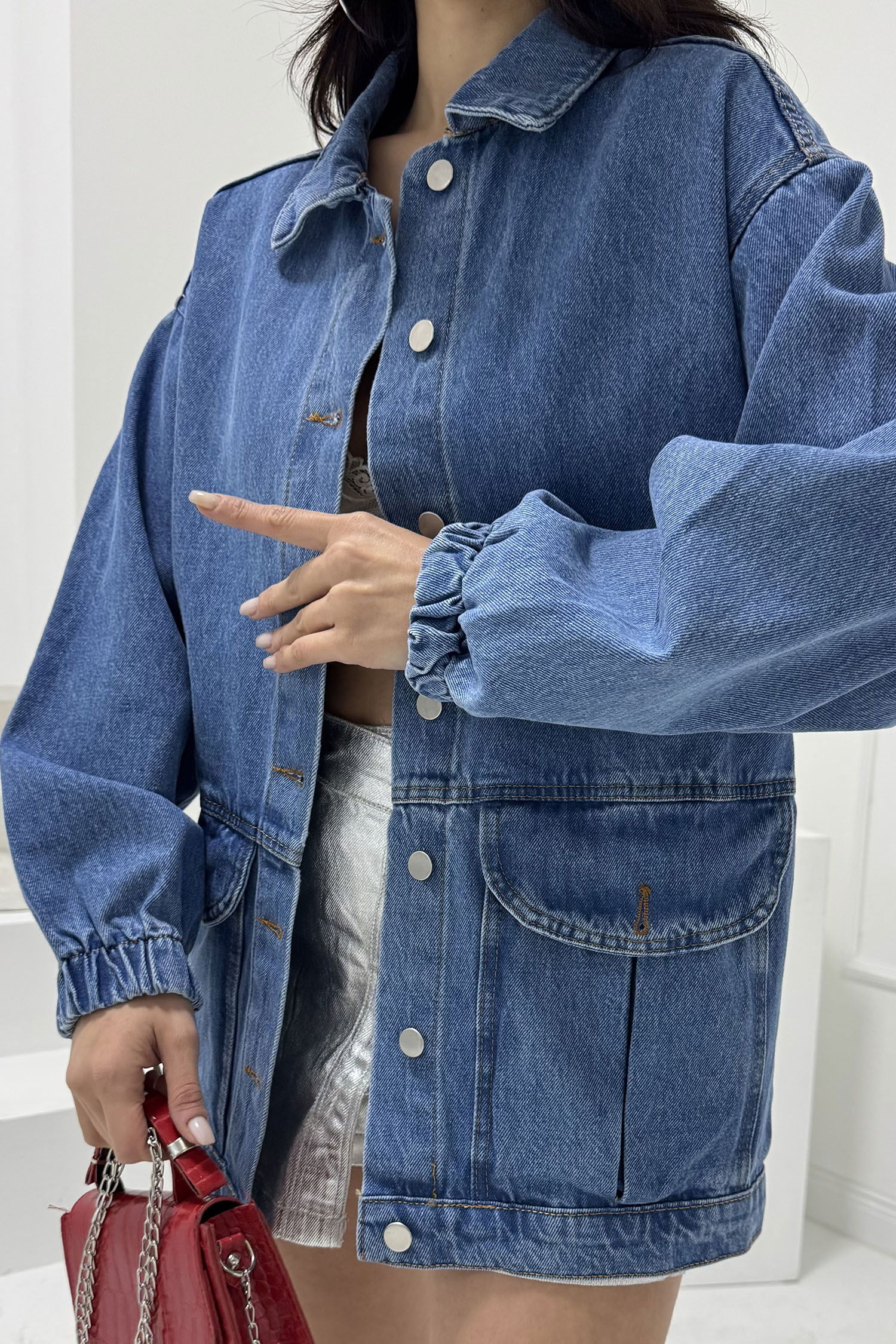 Kadın Oversize Körüklü Cep Kot Ceket Mavi - 26578 - 4