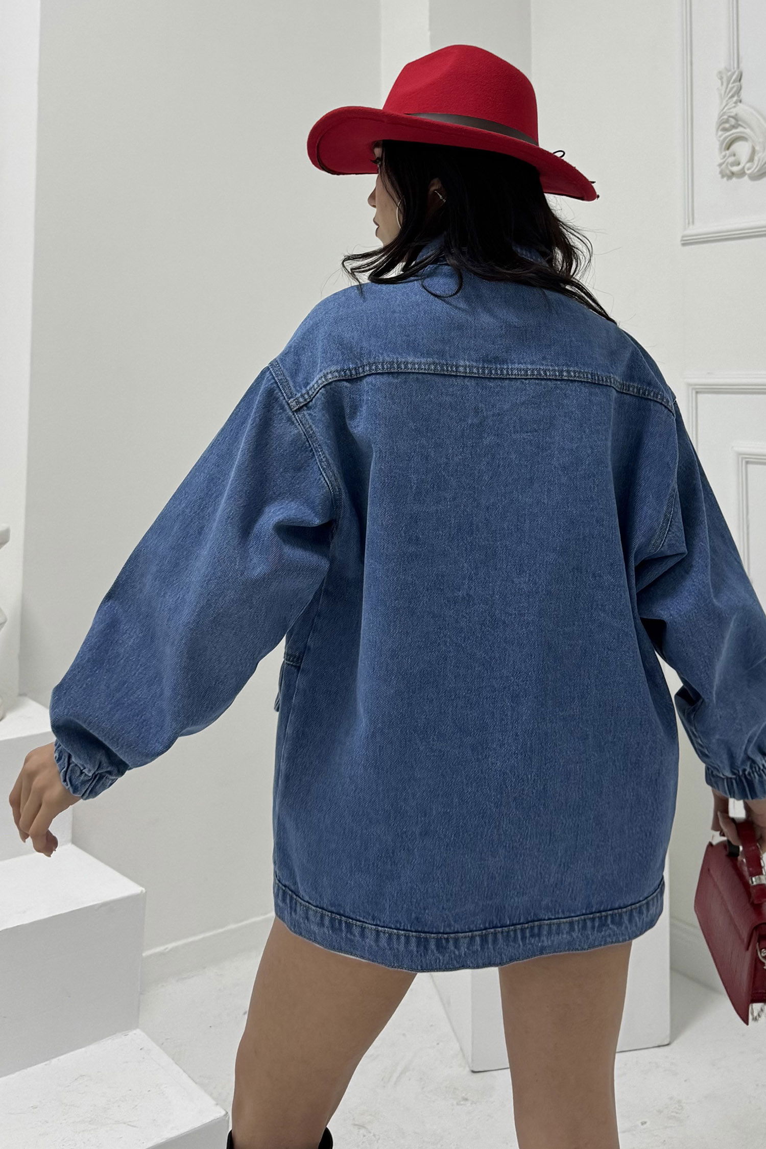 Kadın Oversize Körüklü Cep Kot Ceket Mavi - 26578 - 5