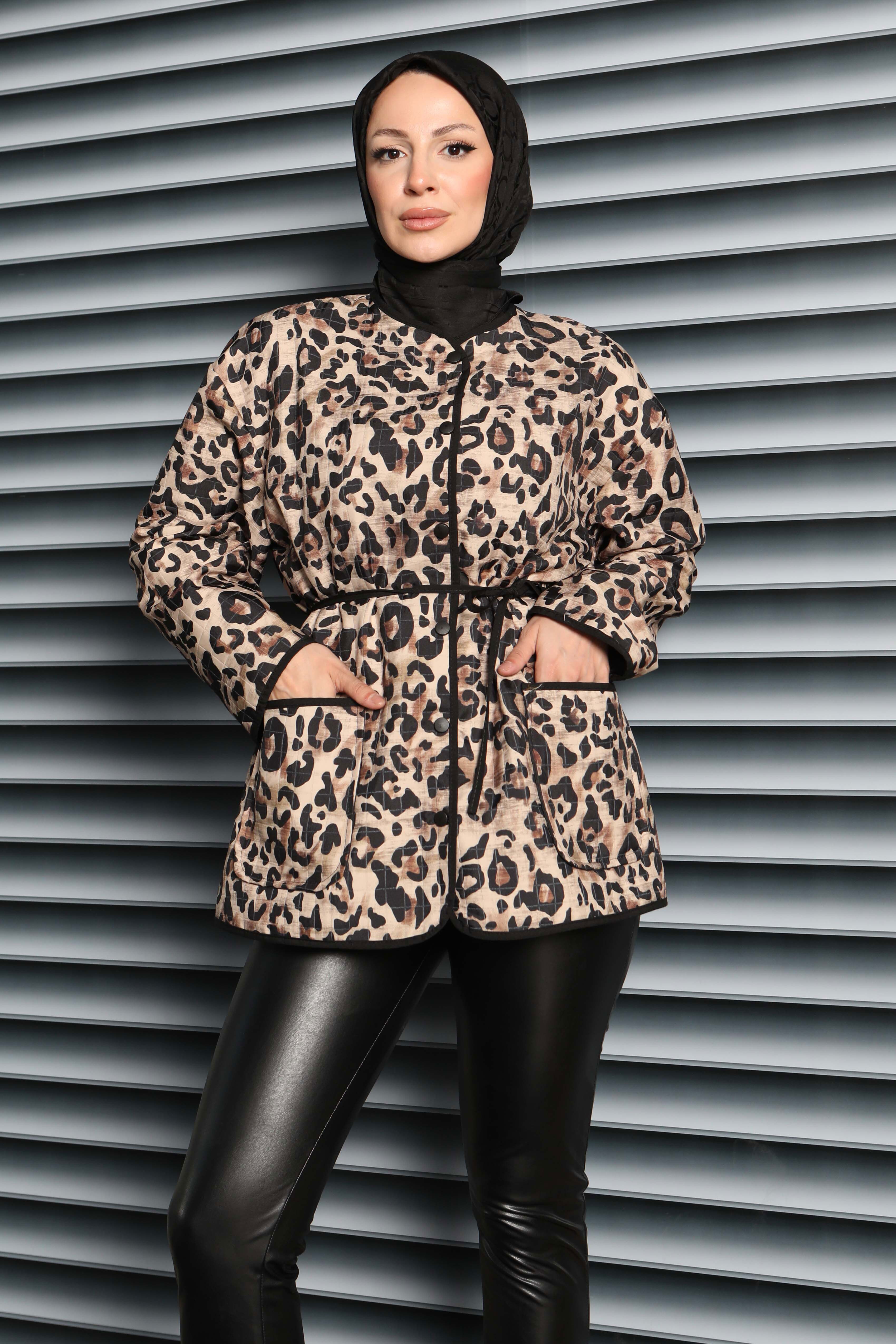 Cepli Leopar Desenli Çıtçıtlı Ceket - 27838-VIZON - 3