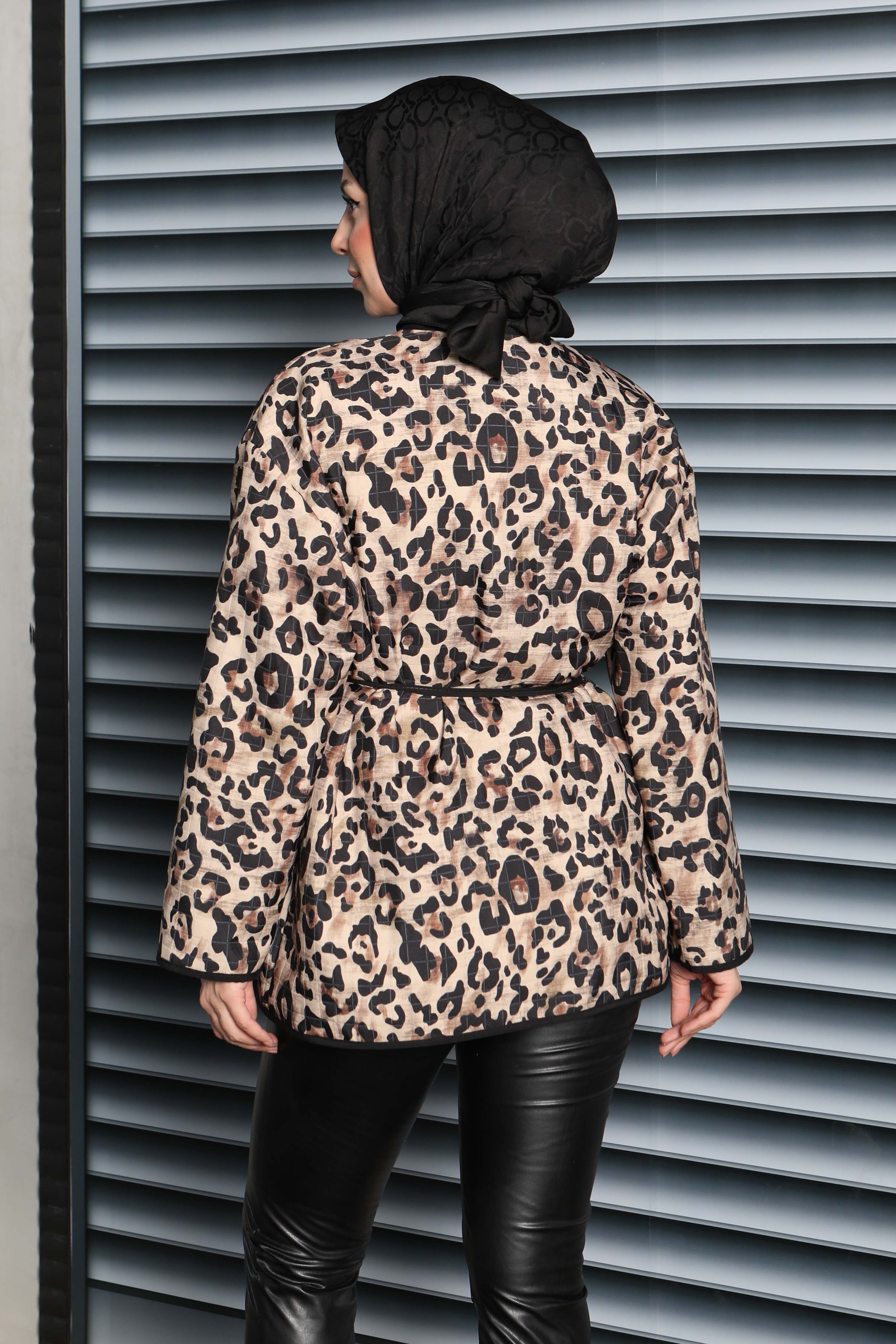 Cepli Leopar Desenli Çıtçıtlı Ceket - 27838-VIZON - 5