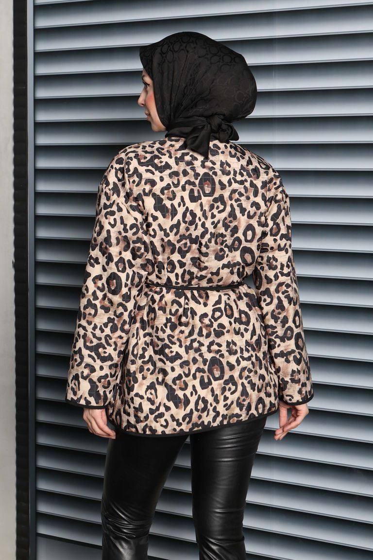 Cepli Leopar Desenli Çıtçıtlı Ceket - 27838-VIZON - TOFİSA