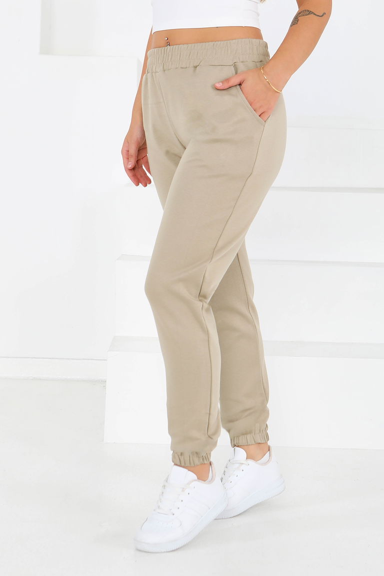 Cepli Paça Lastikli İki İplik Eşofman Altı - 27675-BEJ - TOFİSA