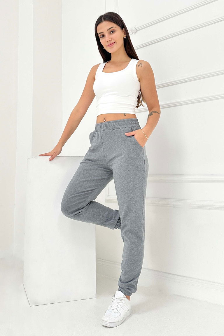 Cepli Paça Lastikli İki İplik Eşofman Altı - 27675-FUME - TOFİSA