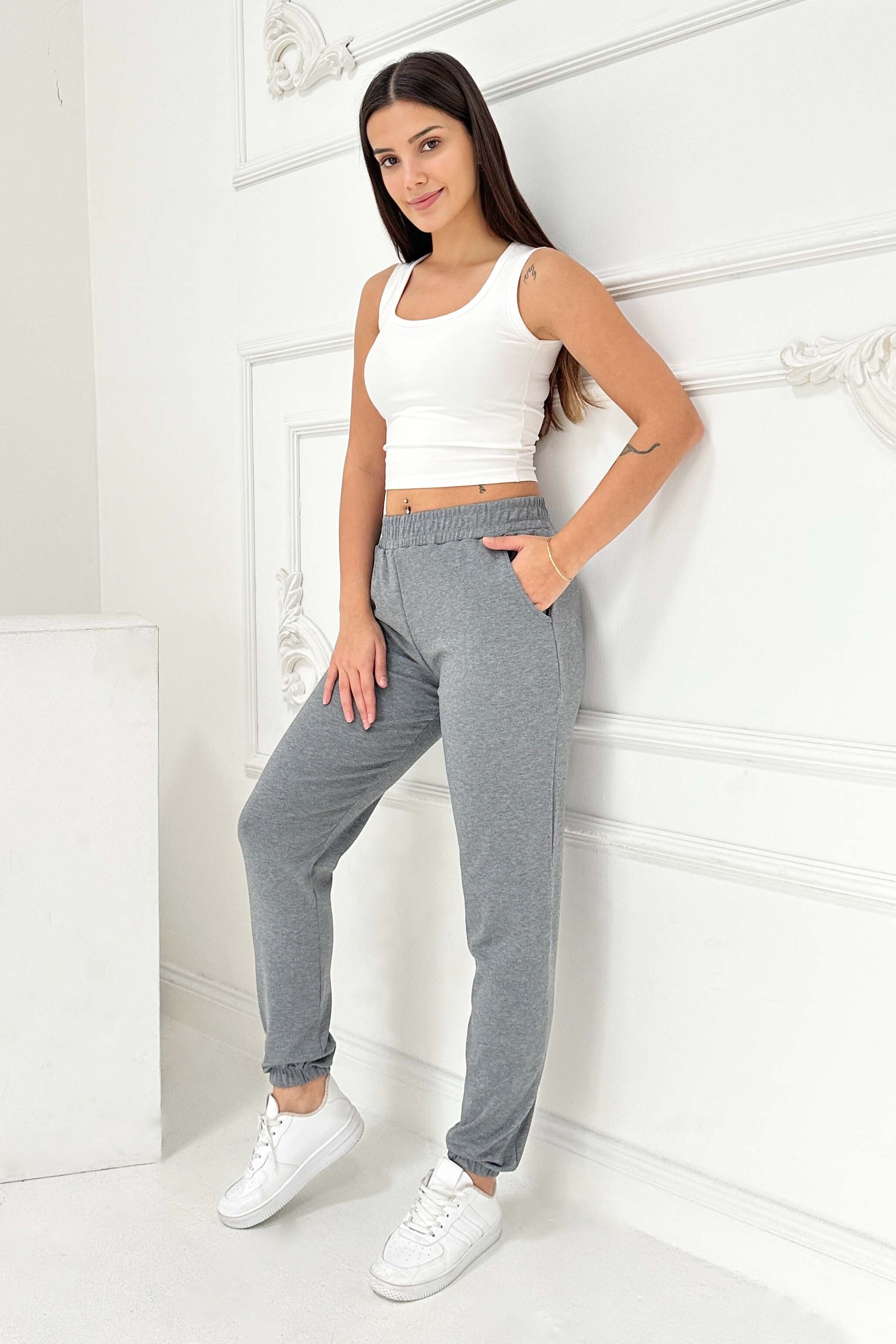 Cepli Paça Lastikli İki İplik Eşofman Altı - 27675-FUME - 3