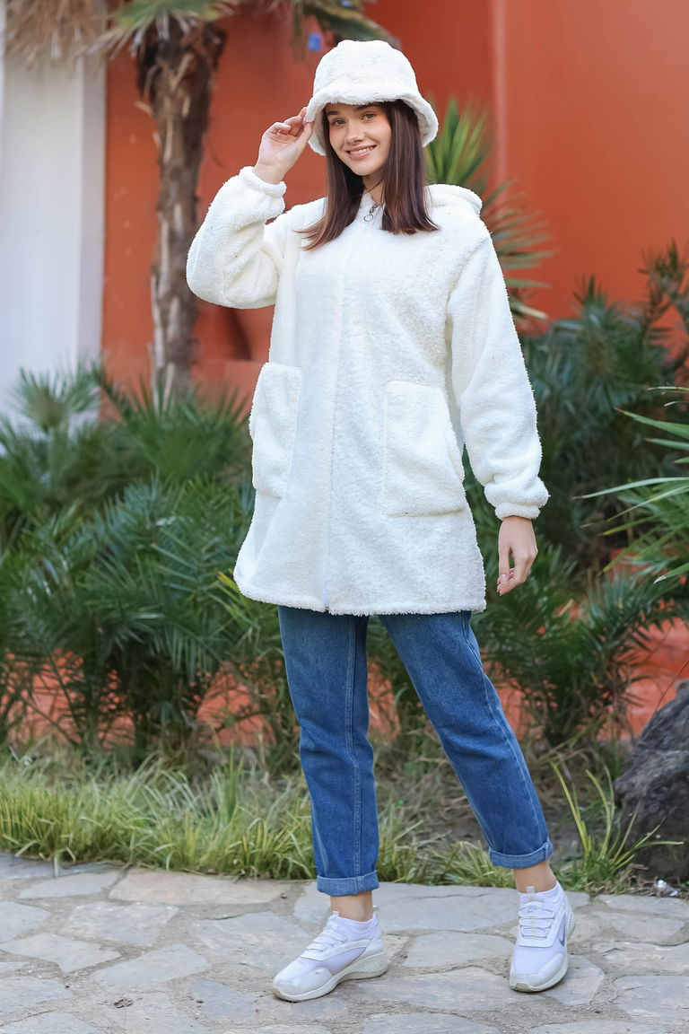 Cepli Peluş Mont - 27818-EKRU - TOFİSA