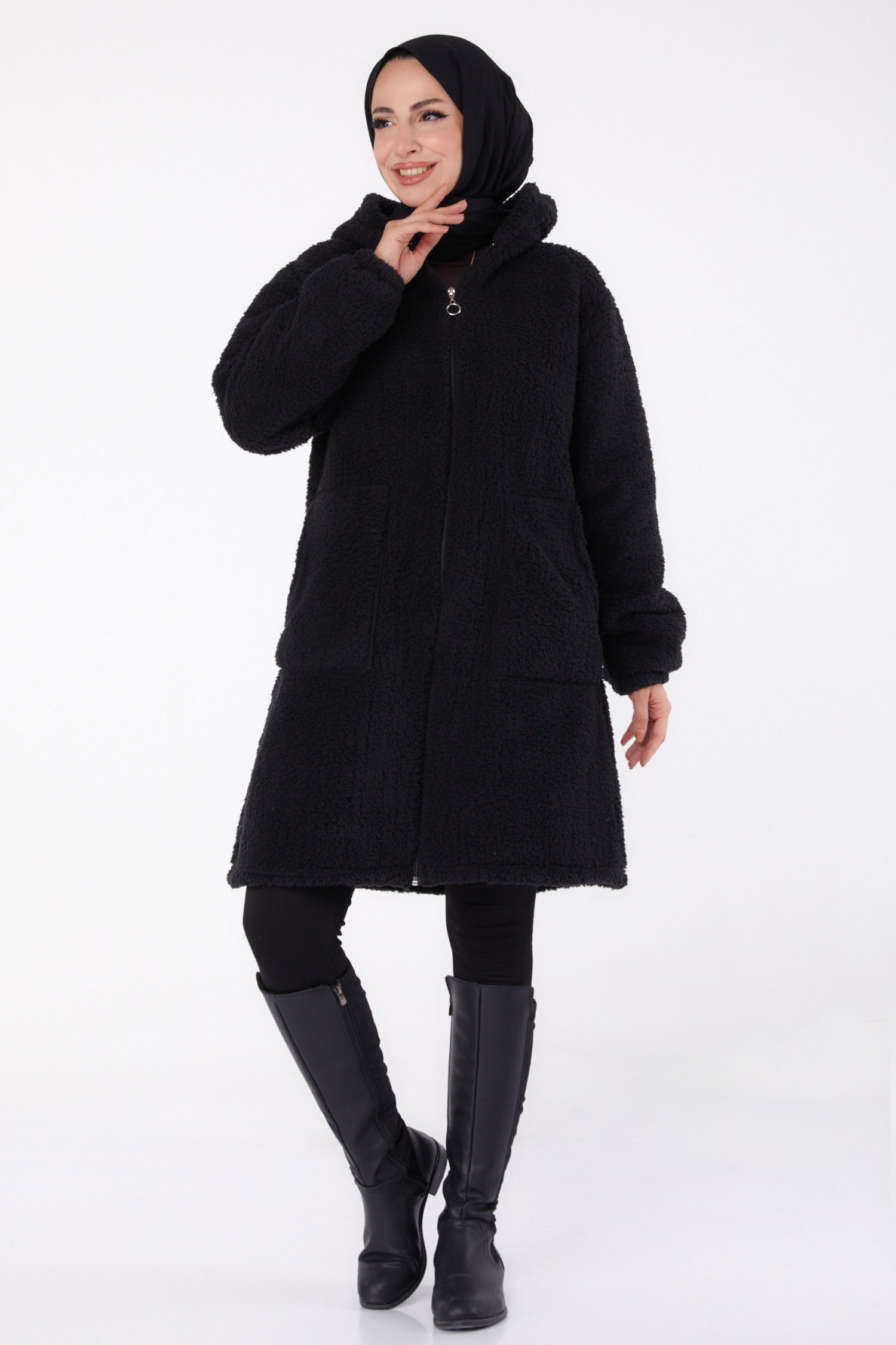 Cepli Peluş Mont - 27818-SIYAH - 2