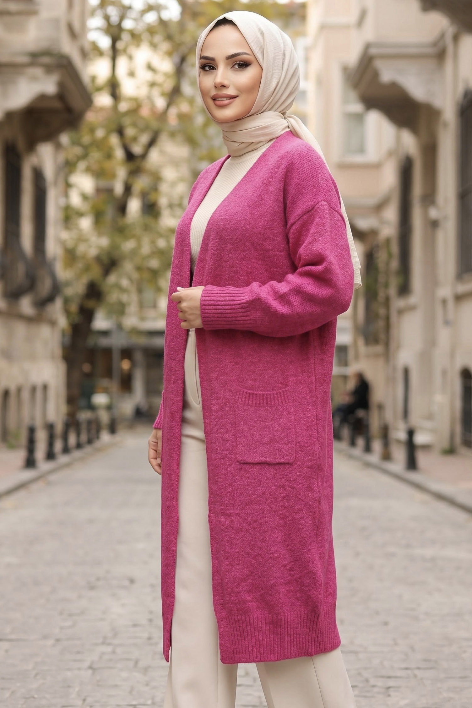 Cepli Uzun Triko Düz Hırka Fusya - 29248-FUSYA - 2