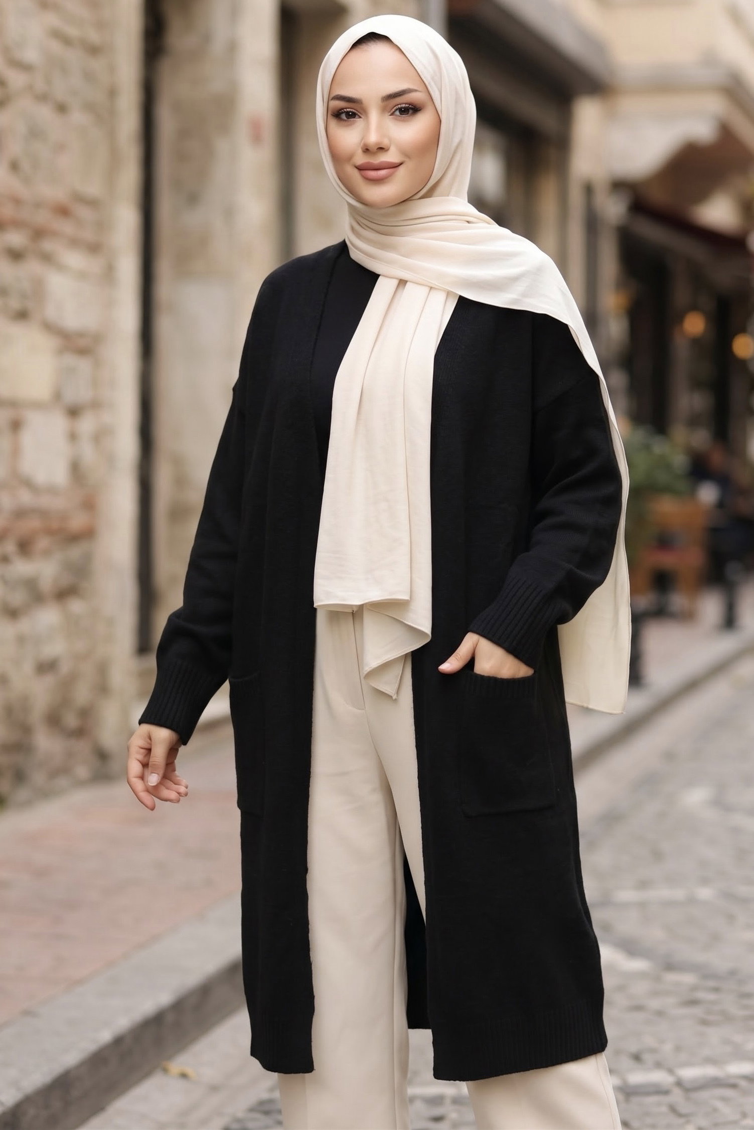 Cepli Uzun Triko Düz Hırka Siyah - 29248-SIYAH - 1