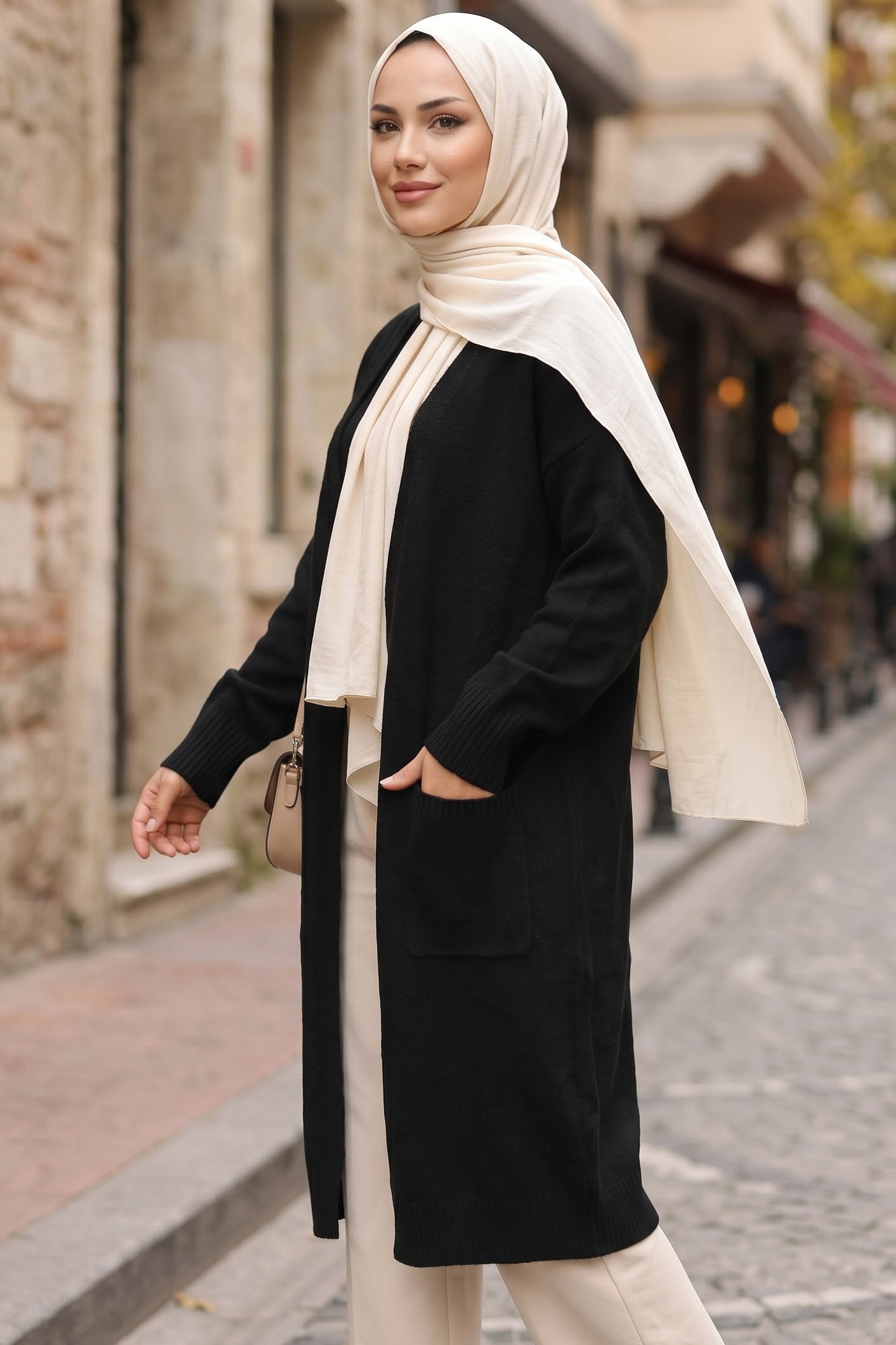 Cepli Uzun Triko Düz Hırka Siyah - 29248-SIYAH - 2