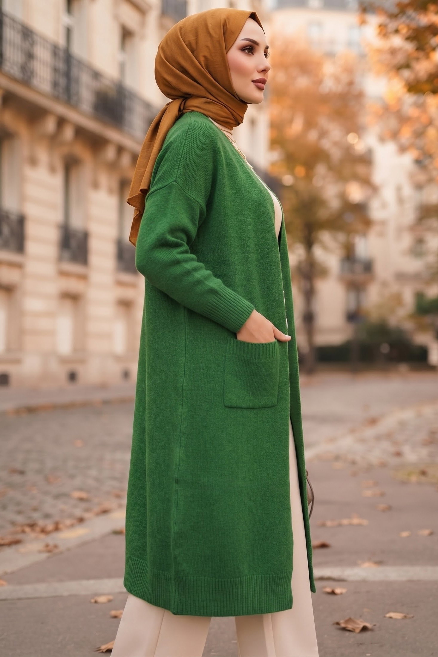 Cepli Uzun Triko Düz Hırka Yesil - 29248-YESIL - 2