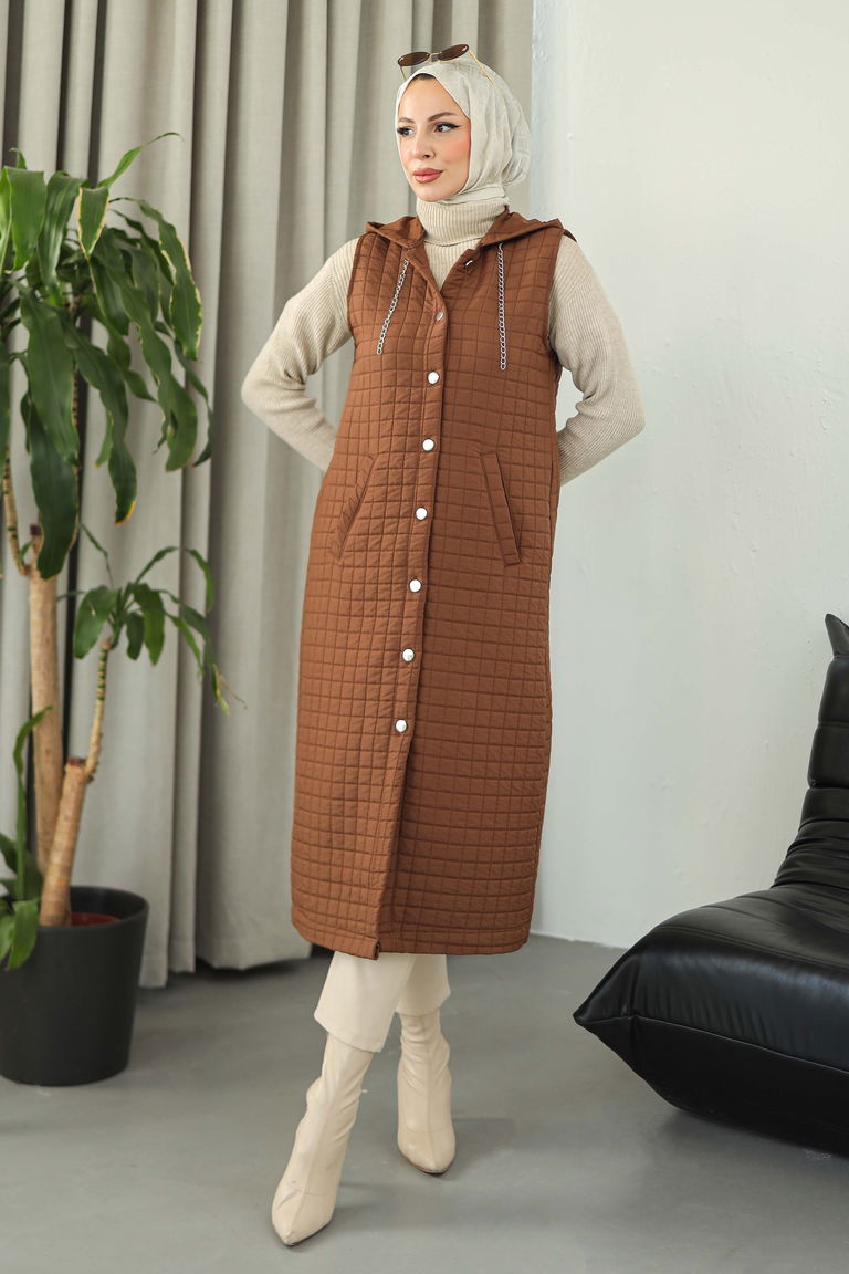 Cepli Zincir Detaylı Kapitone Yelek - 27824-KAHVE - TOFİSA