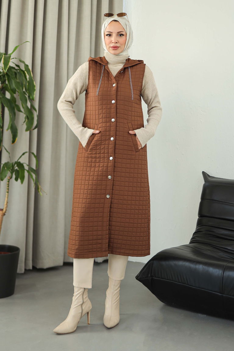 Cepli Zincir Detaylı Kapitone Yelek - 27824-KAHVE - TOFİSA