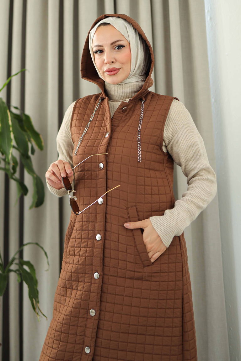 Cepli Zincir Detaylı Kapitone Yelek - 27824-KAHVE - TOFİSA