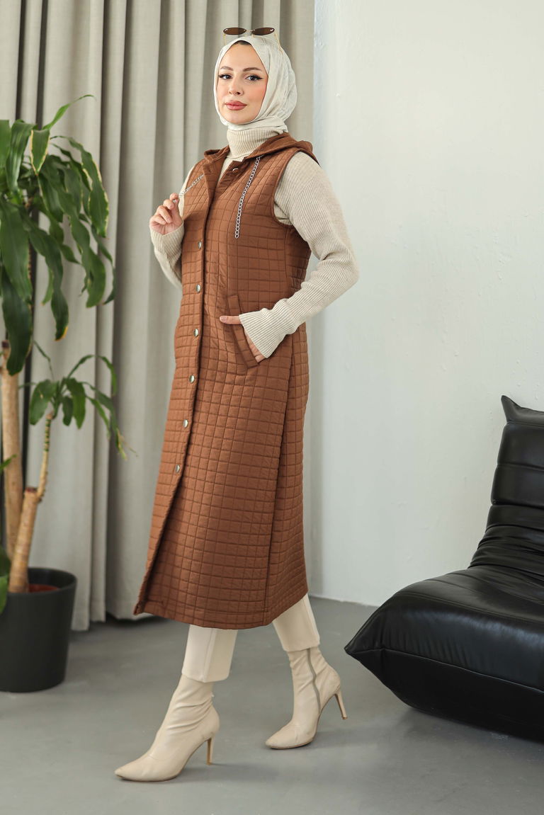 Cepli Zincir Detaylı Kapitone Yelek - 27824-KAHVE - TOFİSA