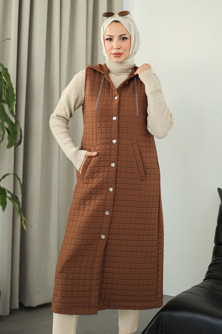 Cepli Zincir Detaylı Kapitone Yelek - 27824-KAHVE - TOFİSA