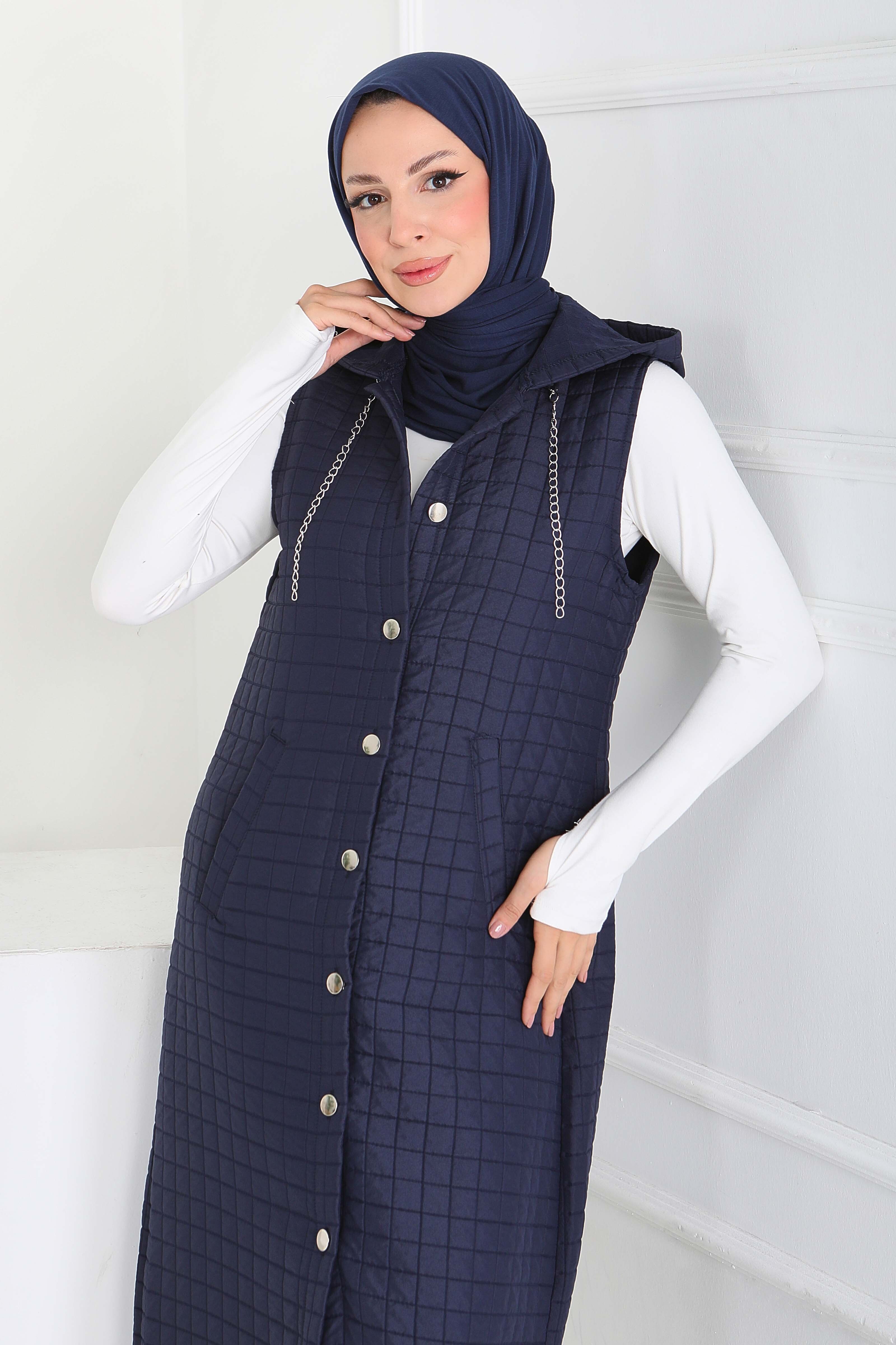 Cepli Zincir Detaylı Kapitone Yelek - 27824-LACIVERT - 4