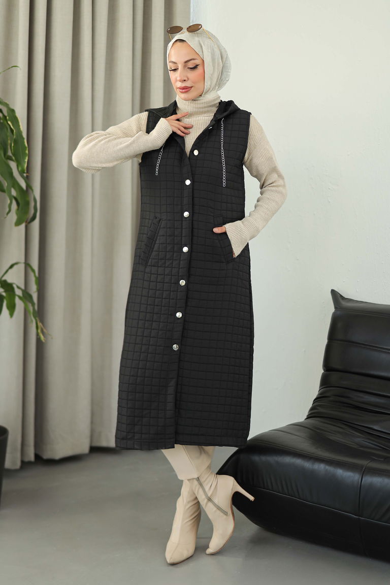 Cepli Zincir Detaylı Kapitone Yelek - 27824-SIYAH - TOFİSA