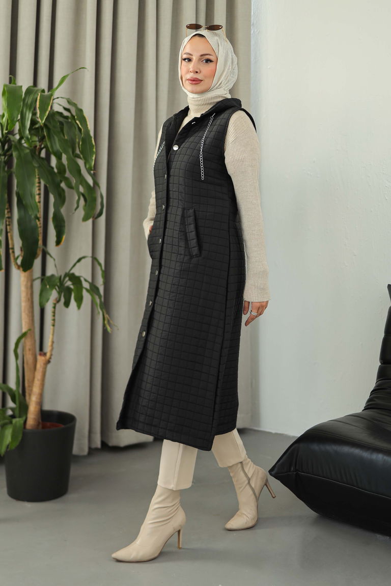 Cepli Zincir Detaylı Kapitone Yelek - 27824-SIYAH - TOFİSA