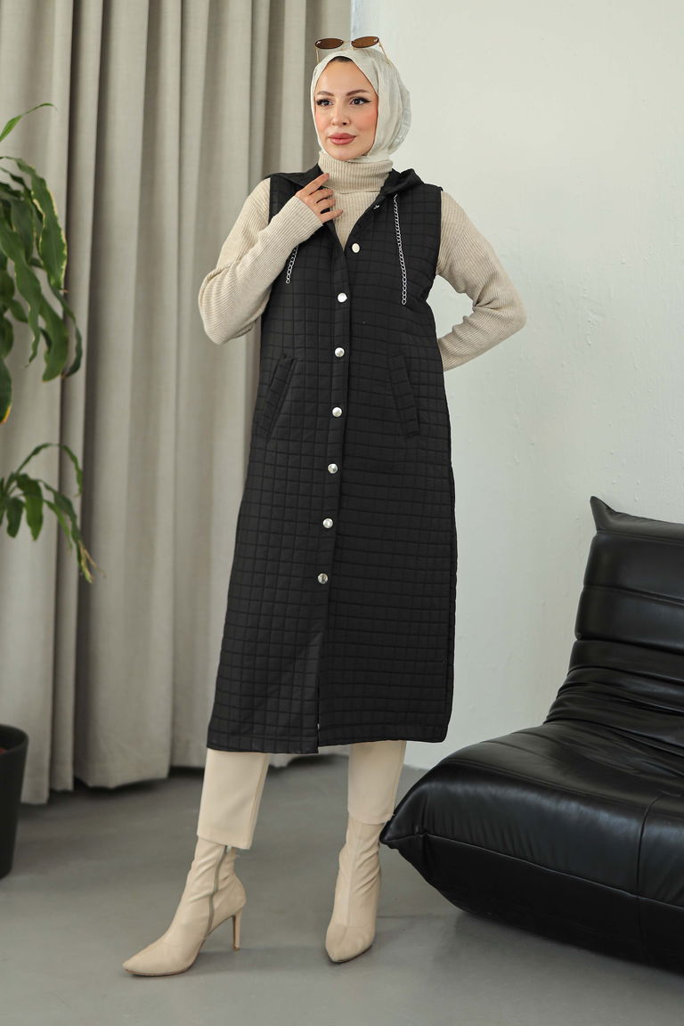 Cepli Zincir Detaylı Kapitone Yelek - 27824-SIYAH - TOFİSA