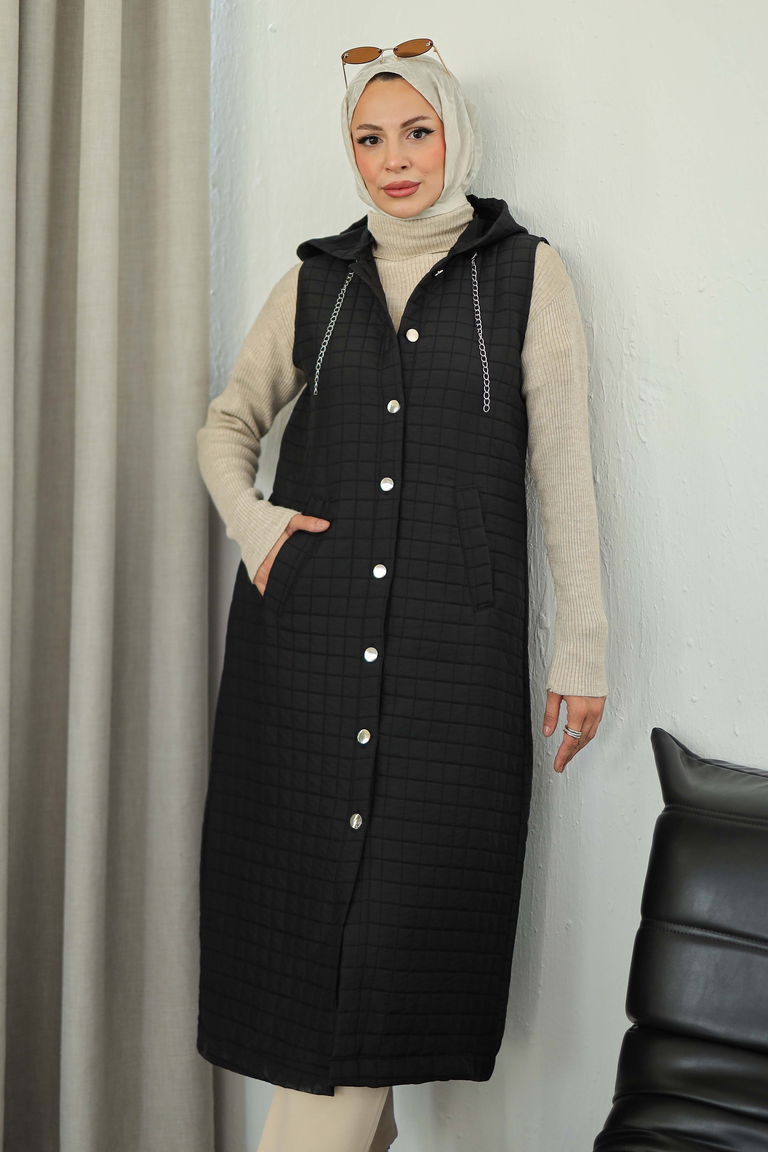 Cepli Zincir Detaylı Kapitone Yelek - 27824-SIYAH - TOFİSA