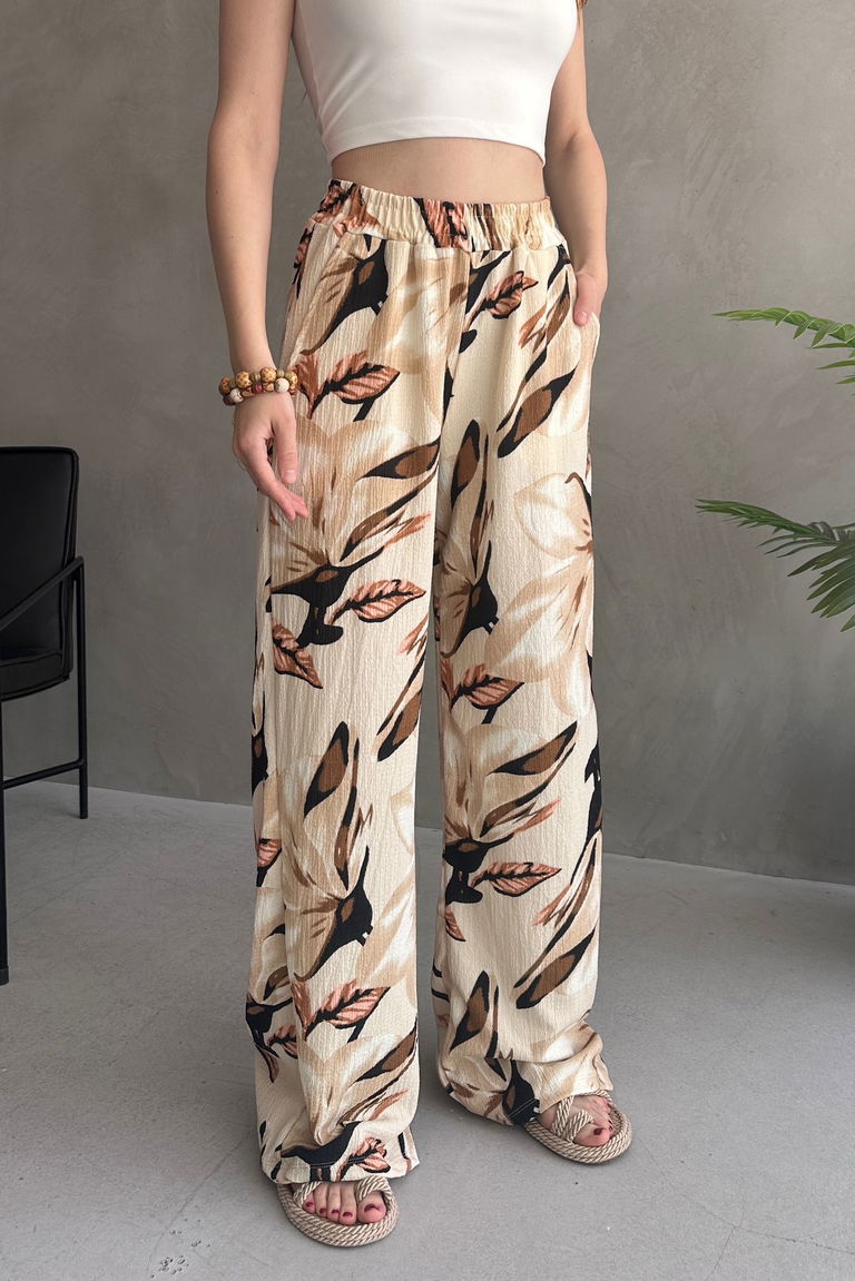 Çiçek Desenli Bol Pantolon - 27237 - TOFİSA