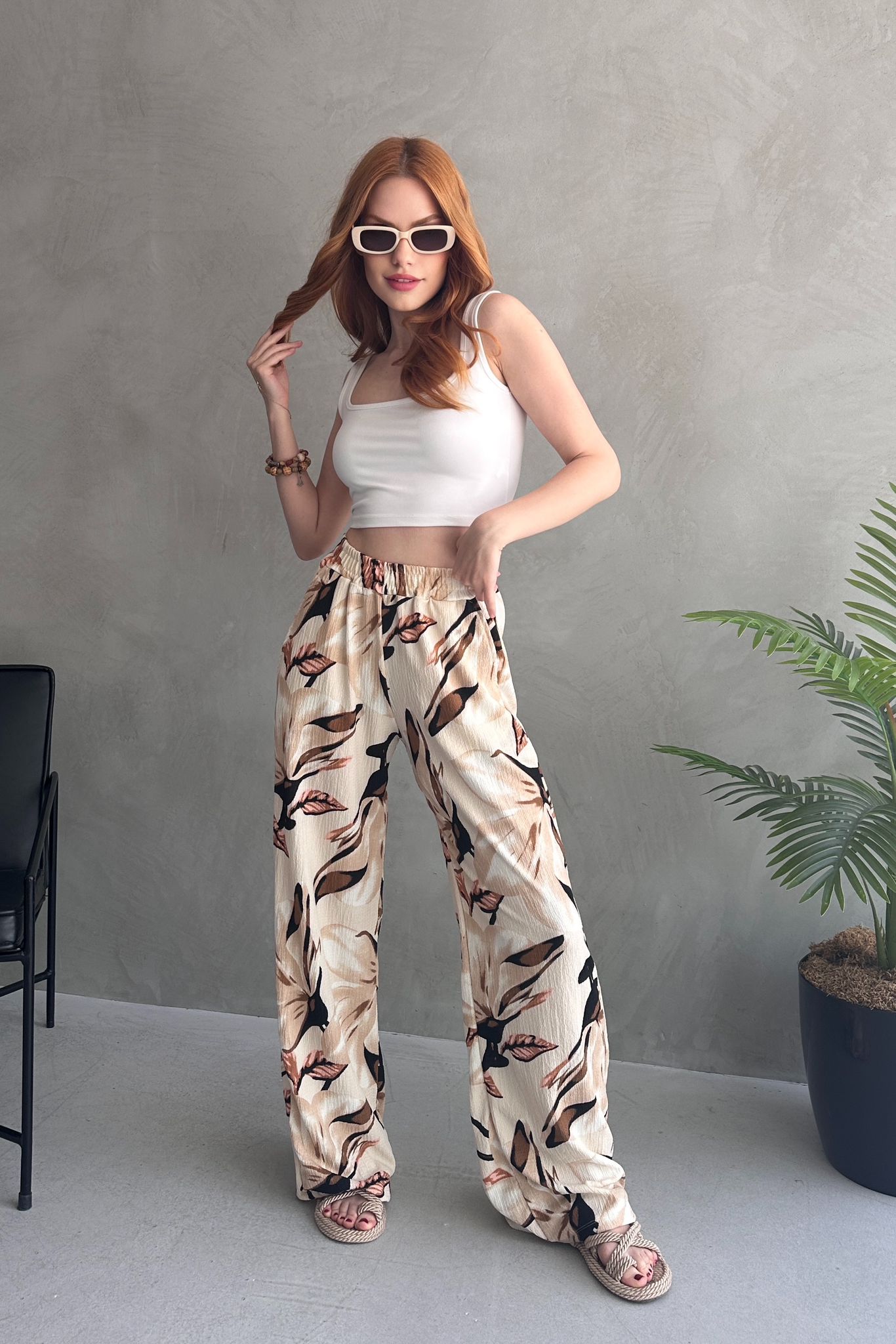 Çiçek Desenli Bol Pantolon - 27237 - 4