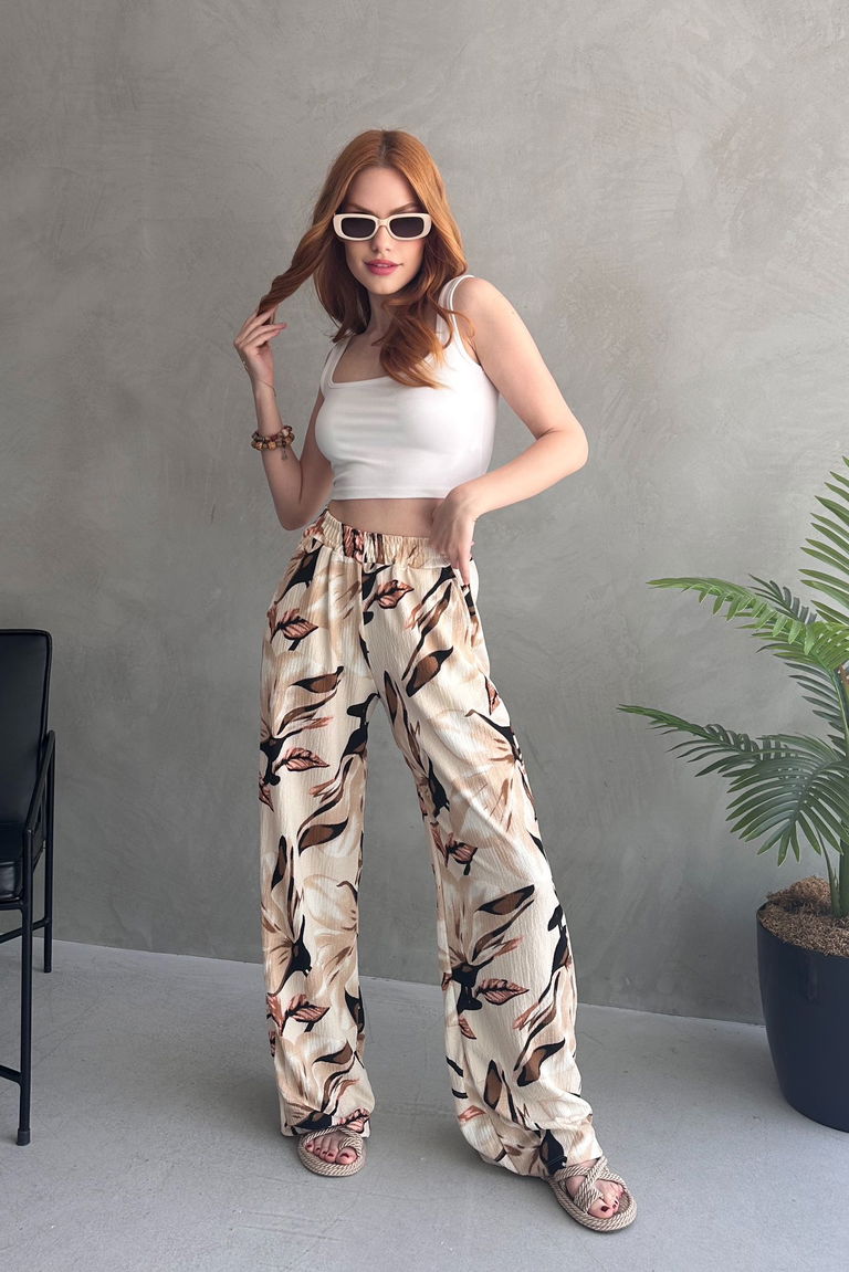 Çiçek Desenli Bol Pantolon - 27237 - TOFİSA