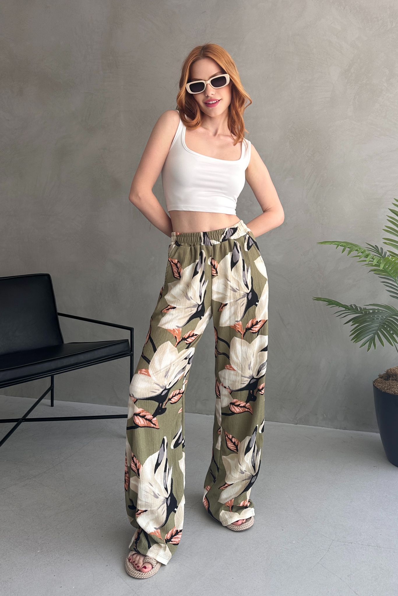 Çiçek Desenli Bol Pantolon - 27237 - 2