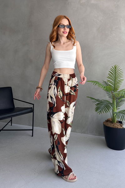 Çiçek Desenli Bol Pantolon - 27237 